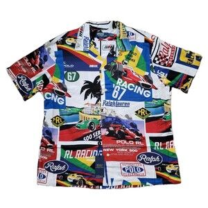 Polo Ralph Lauren Formula Racing Sz L Classic Fit Prix Poster Woven Camp Shirt